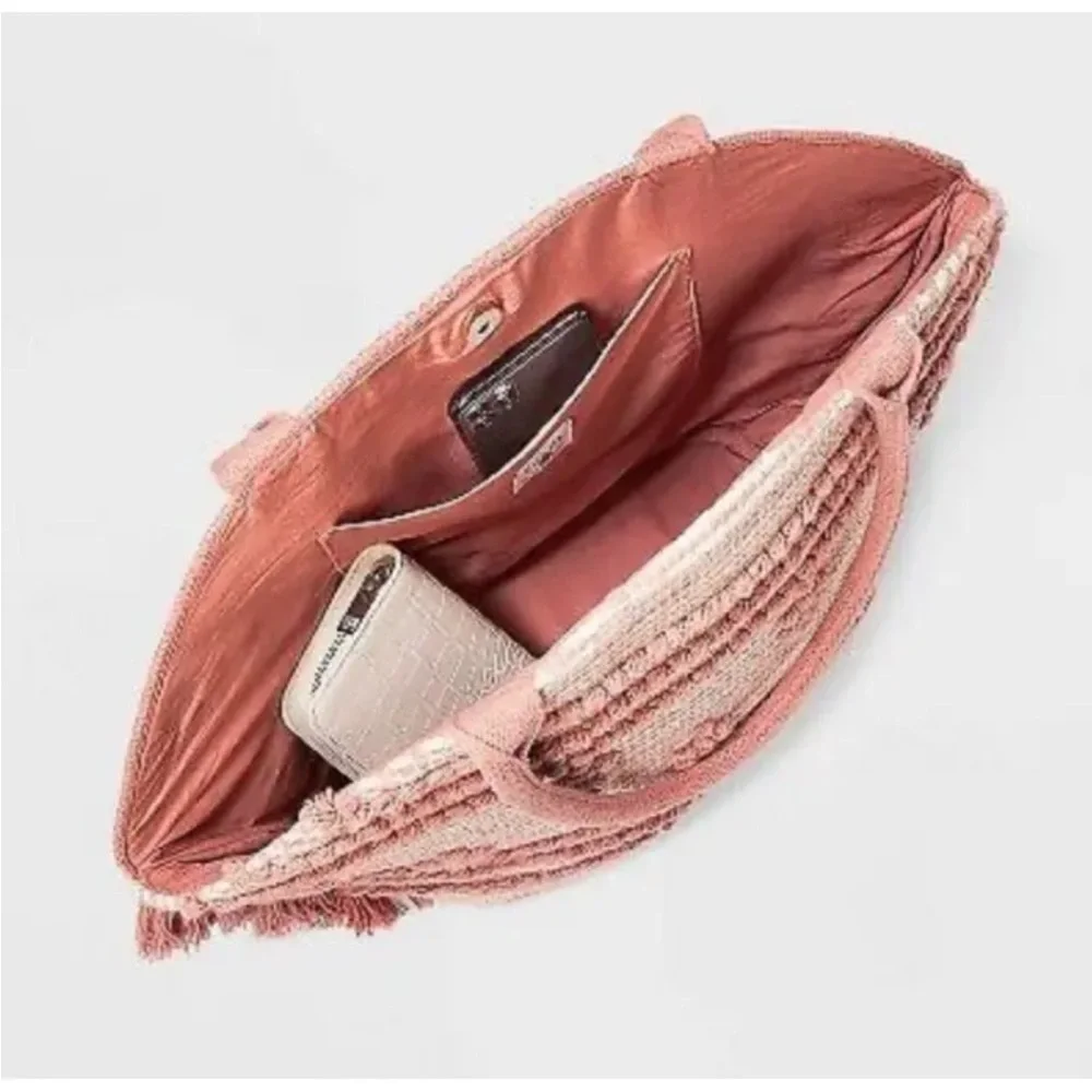 Shade & Shore Pink Straw Fringe Beach Tote Handbag